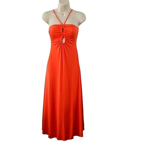 NWOT Sincerely Jules Women’s Orange Halter Neck Maxi Dress Cut Out Detail Size S - Picture 2 of 5